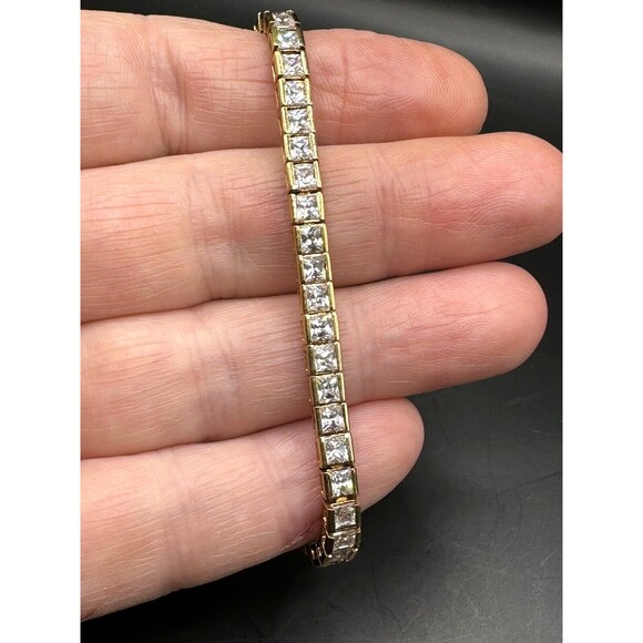 Tennis Bracelet Gold Tone 925 Box Chain Cubic Zirconia Signed R  7 1/2" - Picture 1 of 8
